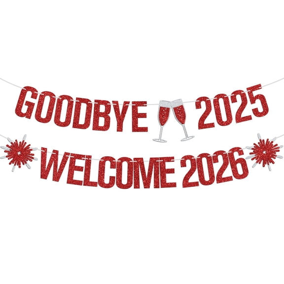 Goodbye 2025 Welcome 2026 Banner, Winter Xmas Holiday, Happy New Year Sign, 2026 New Year's Eve Celebration Party Decorations Supplies, Photo Props, Red Glitter