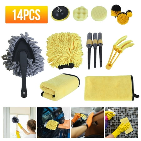 

14 PCS Car Cleaning Kit Interior Detailing Wash Brushes Drill Engine Wheel Clean W/ Drill Brushes Glove Sponges Sticky Plate Towels Wax Mop