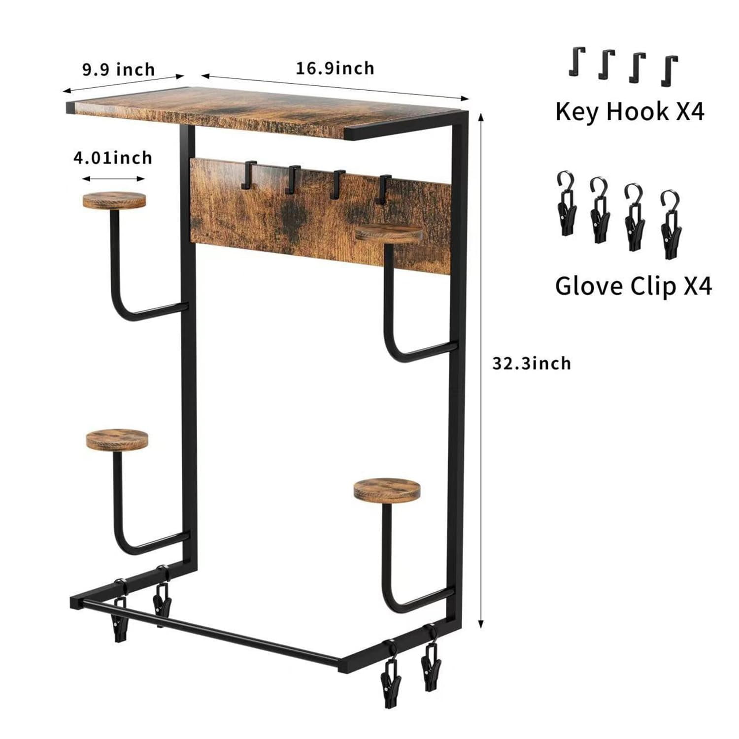 Motorcycle Helmet Holder Wall Mount with 4 Hat Stands - Rustic Wood & Iron Gear Storage Rack for Gloves, Keys, Jackets