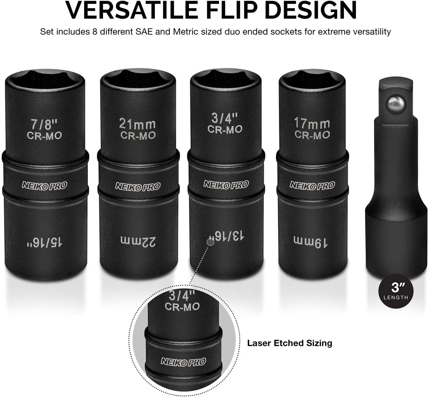 NEIKO 02282B 1/2-Inch-Drive Impact Socket Set, Flip Socket Set, Chrome Moly Steel, Includes 3-Inch Bar Extension, 8 Deep SAE and Metric Sizes, 5 Pieces