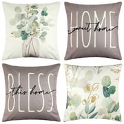 Farmhouse Pillow Covers 18x18 Set of 4 Decorative Throw Pillow Case Cushion Cover Vase Leaves Linen Green Garden Square Cushion Case Set for Sofa Couch Living Room Bedroom Car