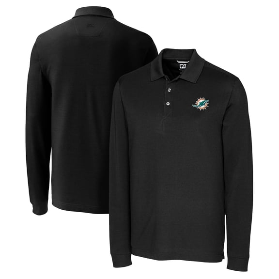 Men's Cutter & Buck Black Miami Dolphins Big & Tall Advantage Eco Pique DryTec Tri-Blend Long Sleeve Polo