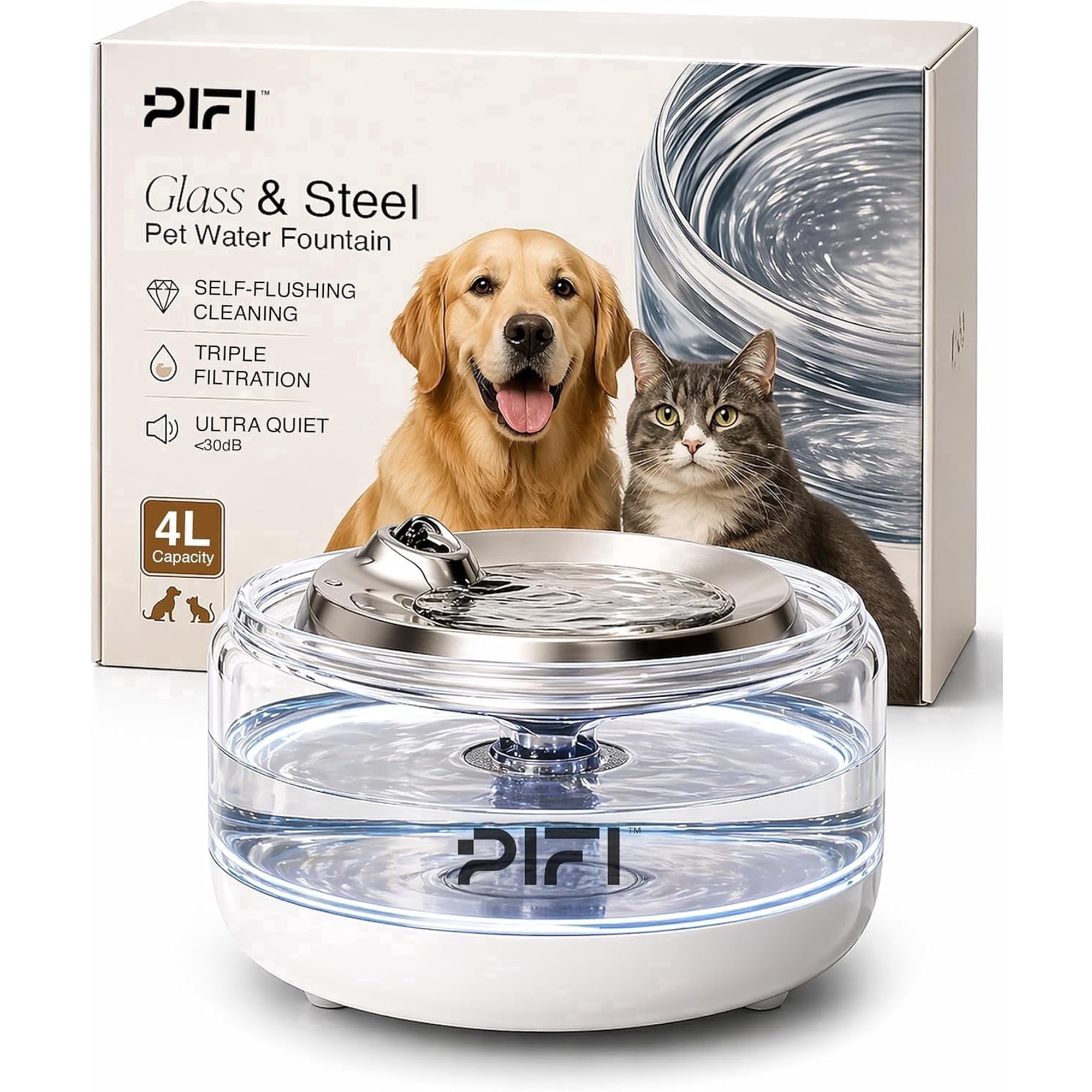 PiFi Glass Cat Water Fountain, Stainless Steel, Easy to Clean for Indoor Cats & Dogs, Triple Filtration, LED Light, Silent, 135oz/4L