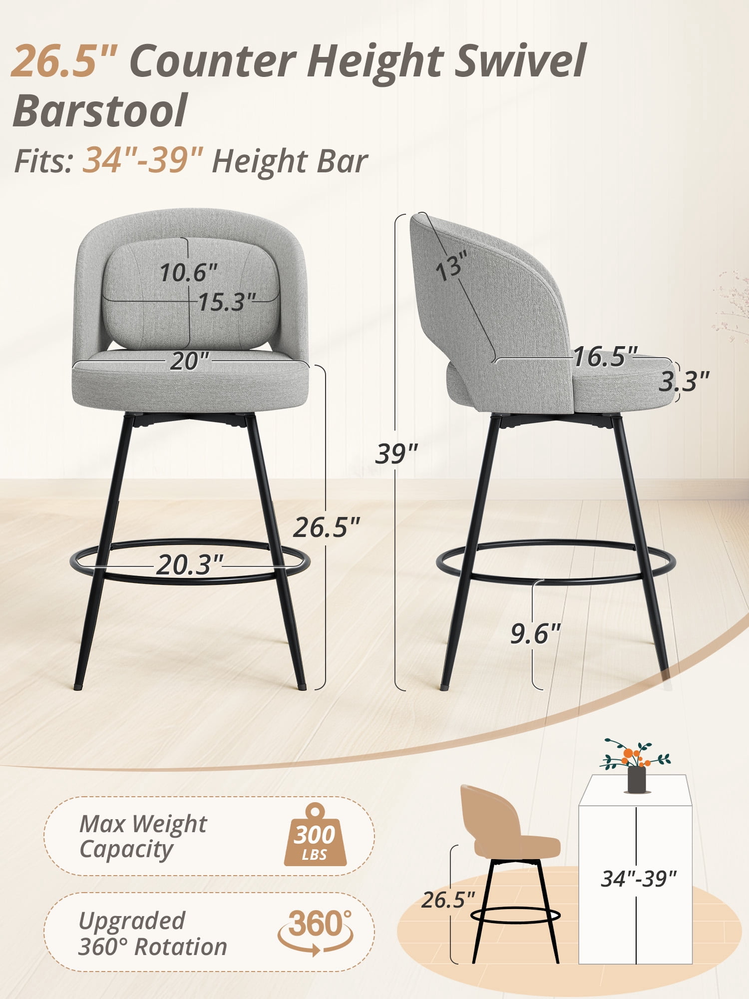 Carolayne 26.5" Swivel Bar Stools Set of 3, Modern Fabric Counter Height Bar stools with Back & Removable Cushion for Kitchen Island, Linen Grey