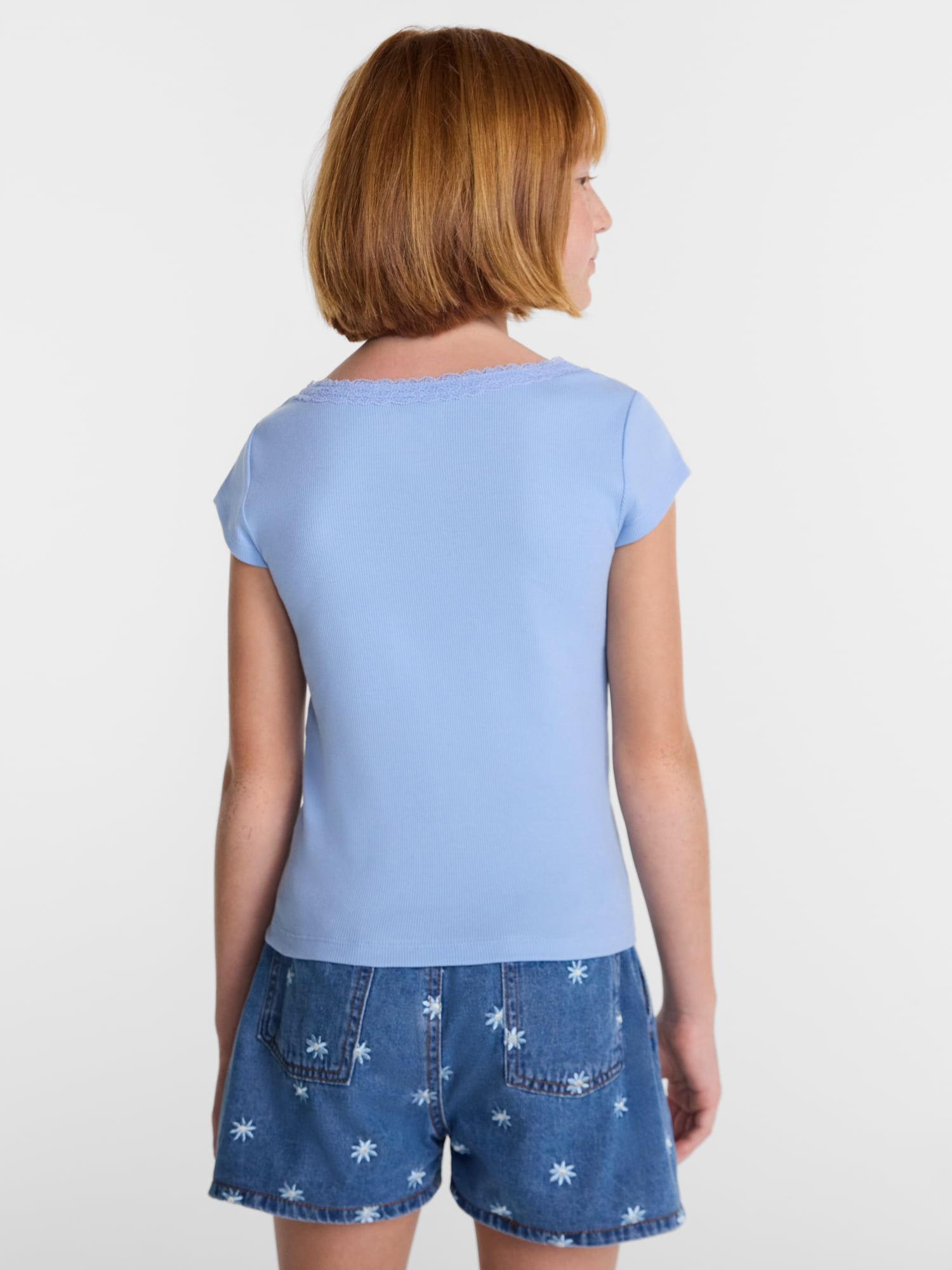 Wonder Nation Girls' Lace and Button Front Top with Short Sleeves, Sizes 4-18 & Plus