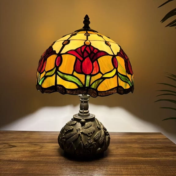 Tiffany Style Table Lamp Stained Glass Red Tulips LED Bulb Included Dragonfly Base for Living Room Bedroom Bedside 10"W*14"H