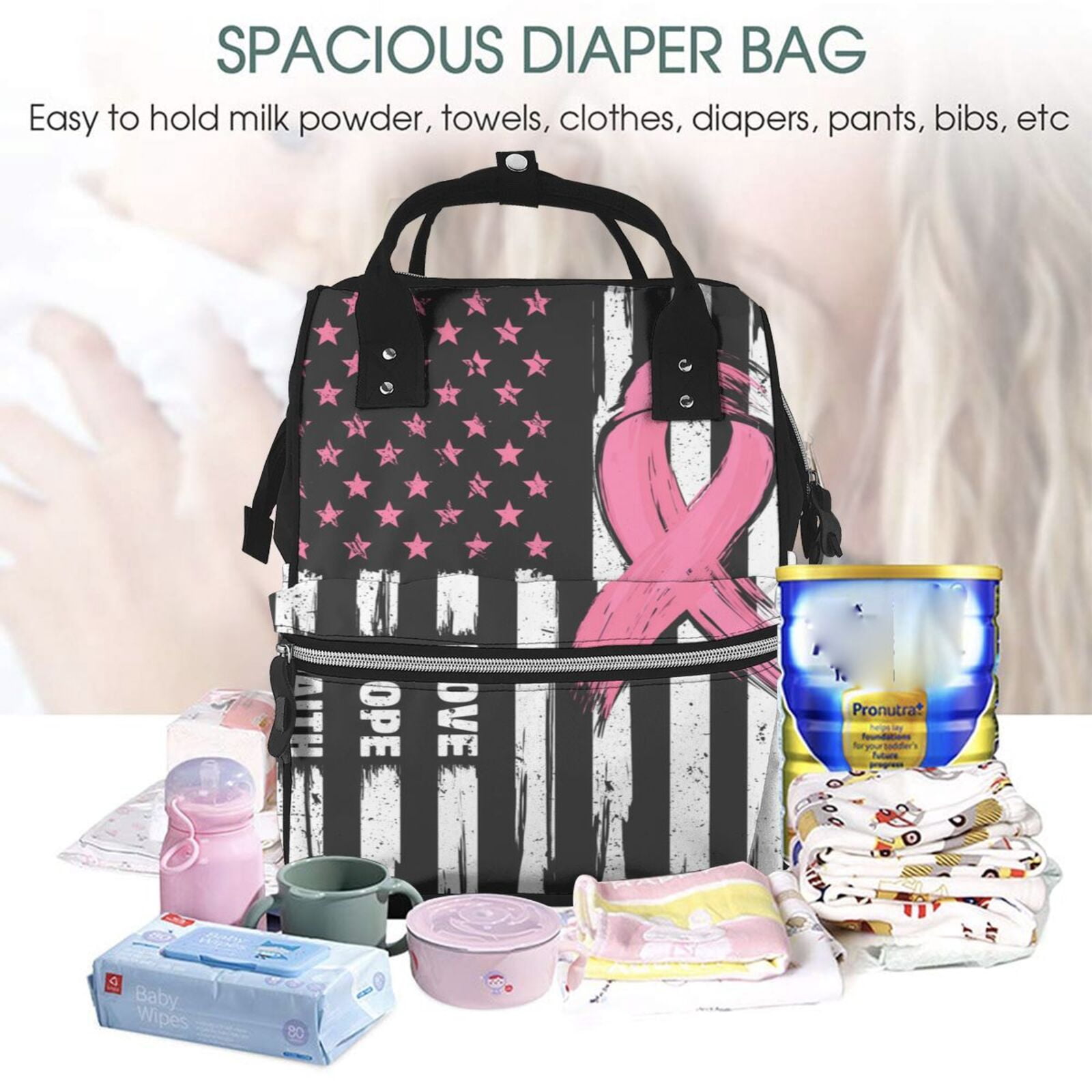 Ratiio Ribbon Breast Cancer Awareness Mummy Backpack - Waterproof Twill Canvas, Large Capacity Diaper Bag with Multiple Pockets and Adjustable Straps