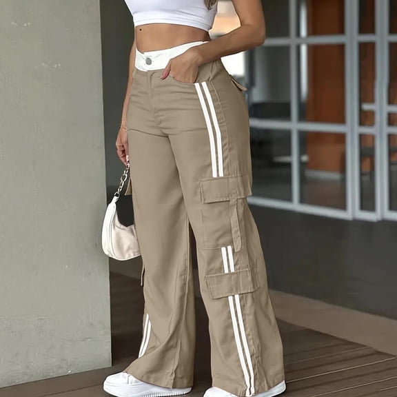 Maqroz Cargo Pants Women Plus Size Stretch Y2K Striped Straight Leg Pants with Pockets Button Down Elastic Waist Hiking Jogger Pants Baggy Wide Leg Streetwear Khaki L