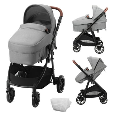 KFFKFF 2 in 1 Convertible Baby Stroller, Foldable Infant Newborn Bassinet Pram, Unisex Travel Stroller for Newborn Baby, Dark Grey