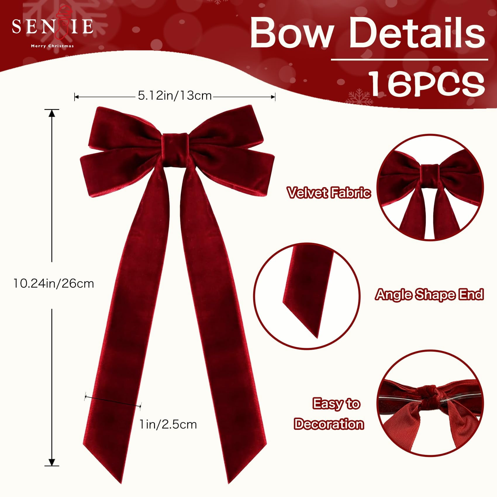 16Pcs Velvet Ribbon Bows, Burgundy Christmas Decor for Tree, Wreath & Gift Wrapping, 5x10 Inch Rustic Craft Ornaments(Burgundy）
