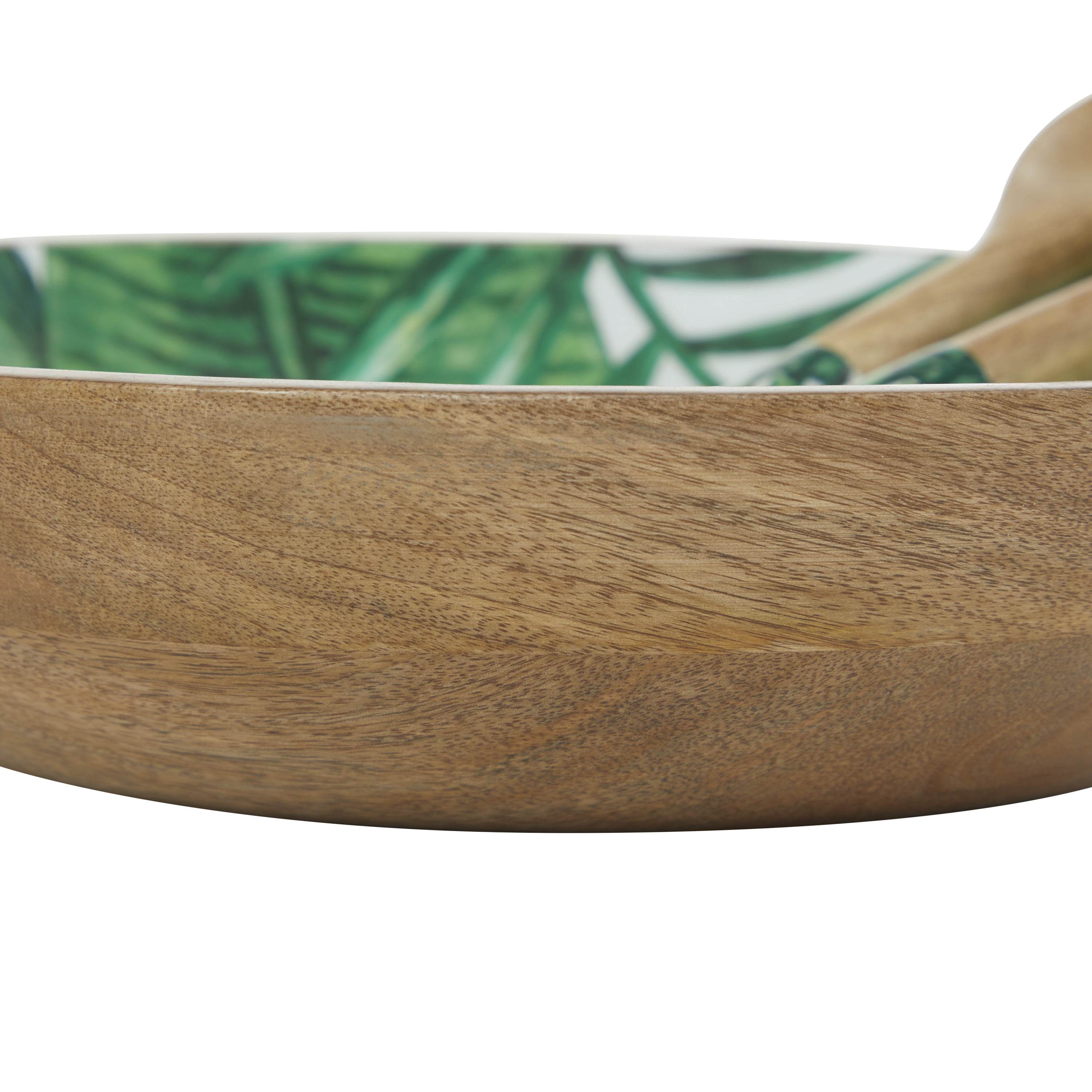DecMode 15", 11", 11"W Handmade Round Green Mango Wood Decorative Bowl with Matching Salad Serving Utensils, Set of 3