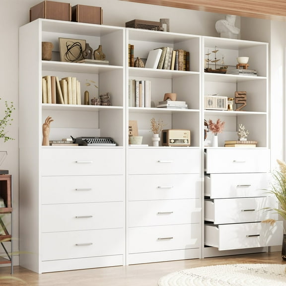 iSunirm 63.8'' Closet System with 12 Drawers, Walk-in Closet Organizers and Storage System with Shelves for Closet, Bedroom, White, 3 Packs