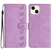 Feishell Wallet Case for iPhone 14, 7 Butterflies Pattern PU Leather Strap Flip Cover with Card Slots Holder Kickstand Magnetic Clasp, TPU Shockproof Case for iPhone 14, Purple