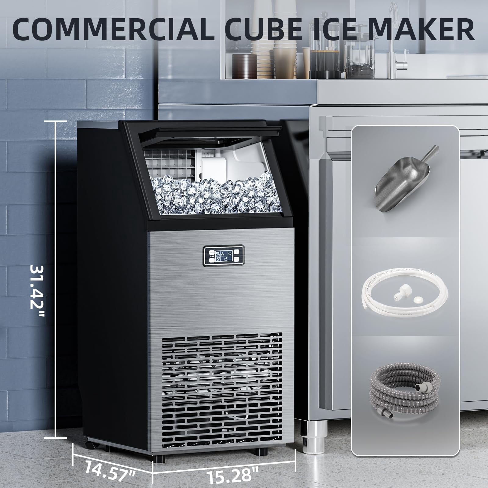 100Lbs/24H Commercial Ice Maker, 45 Cubes in 11 Mins, Stainless Steel, Auto Clean, Under Counter for Home/Bar Use， Auseo