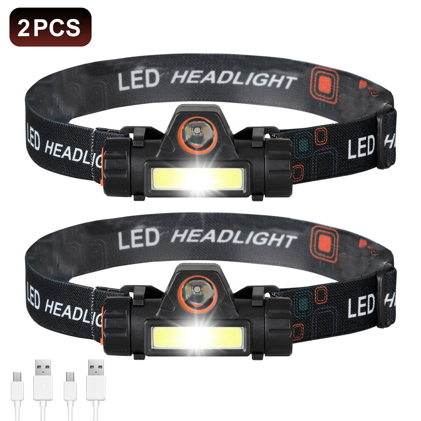 2 Pcs LED Headlamp USB Rechargeable Motion Sensor Cap Lamp Headlight Flashlight