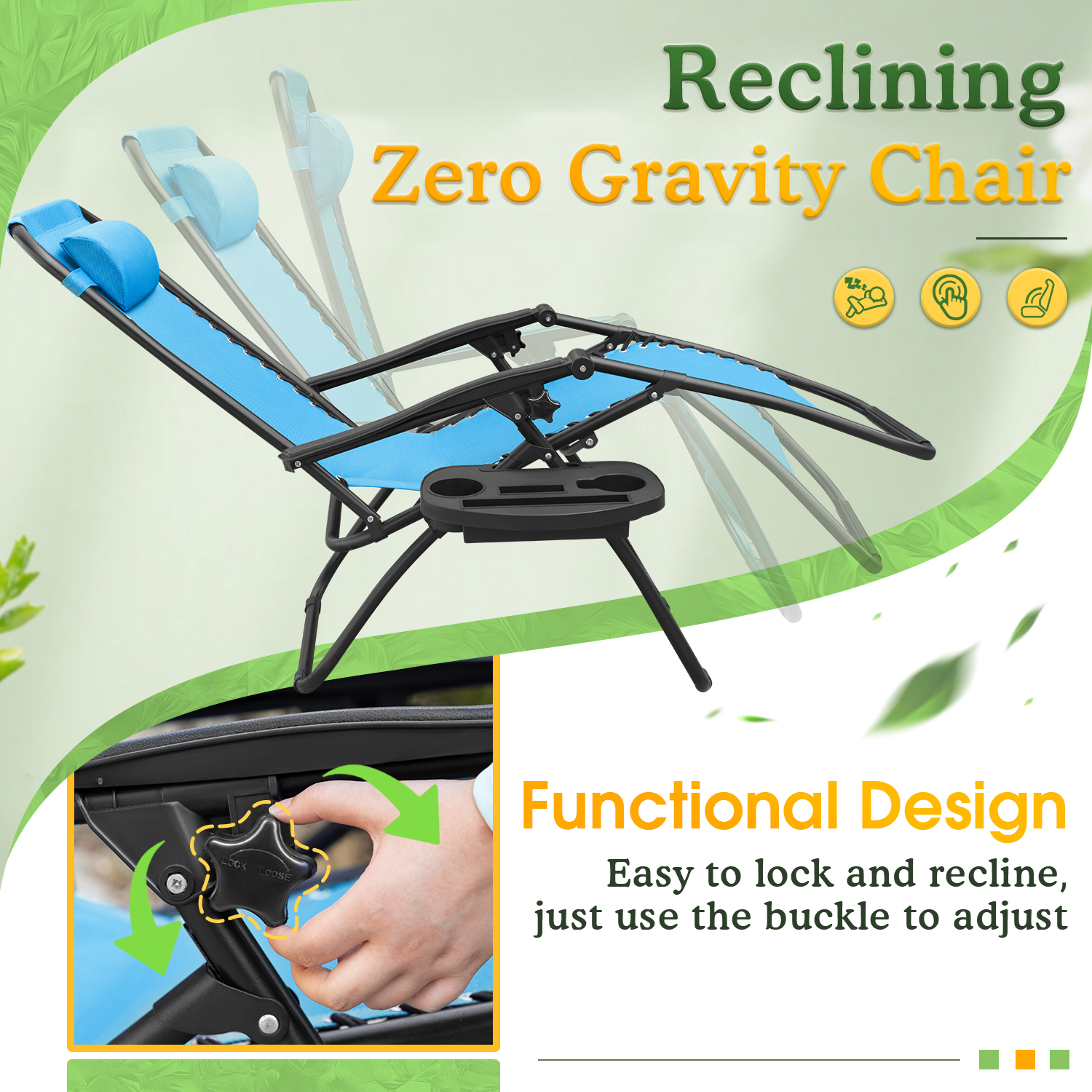 Lacoo Patio Zero Gravity Chair Outdoor Adjustable Recline Chair seating capacity 2, Light Blue - image 4 of 7