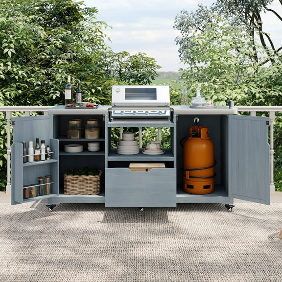 66.5" Outdoor Kitchen Island for Big Green Egg Grills, Solid Wood Outdoor Grill Cart for Tabletop Grill with Stainless Steel Top, Drawer, Kitchen Paper Roll Holder, Grey Blue