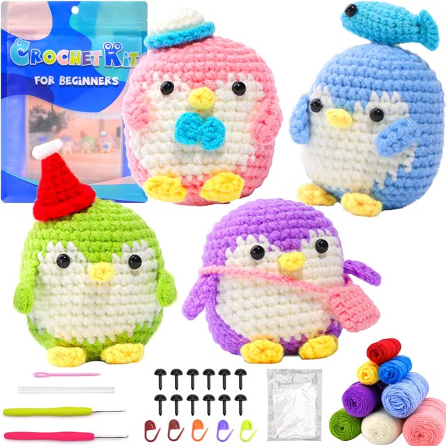 4 PCS Beginners Crochet Kit, Crochet Kits for Beginners Kids Adults, Crochet Animal Kit Beginner Knitting Kit, Crochet Set with Instructions and Video Tutorials Boys and Girls Birthdays Gift