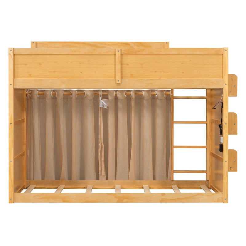Twin Size Bunk Bed with 3-Tier Storage Shelf, Rattan-Style Design, Privacy Curtains and Built-In Light Strip, Modern Wood Twin Over Twin Bunk Bed Frame with Ladder for Kids Teens