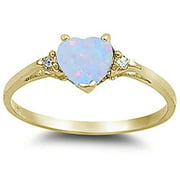 Yellow Gold Plated White Opal With Cubic Zirconia Heart .925 Sterling Silver Ring