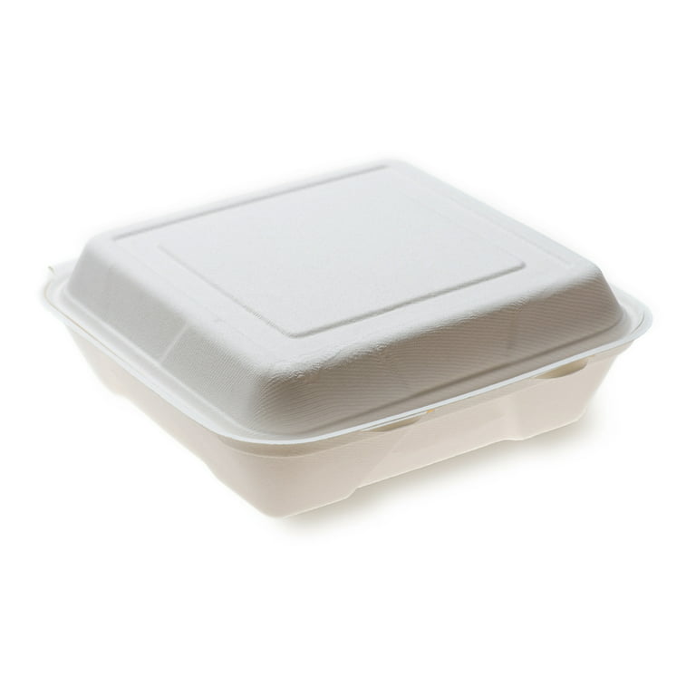 Pulp Safe No PFAS Added 32 oz White Sugarcane / Bagasse Large Clamshell  Container - 9 1/4