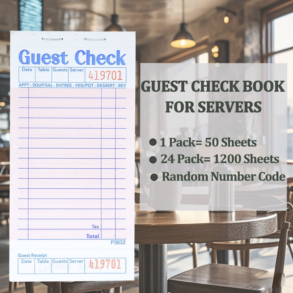 Guest Checks Server Note Pads 24 Pack 1200 Orders, Pink Guest Check Pads with Bottom Receipt, Waitress Notepad for Restaurant Business