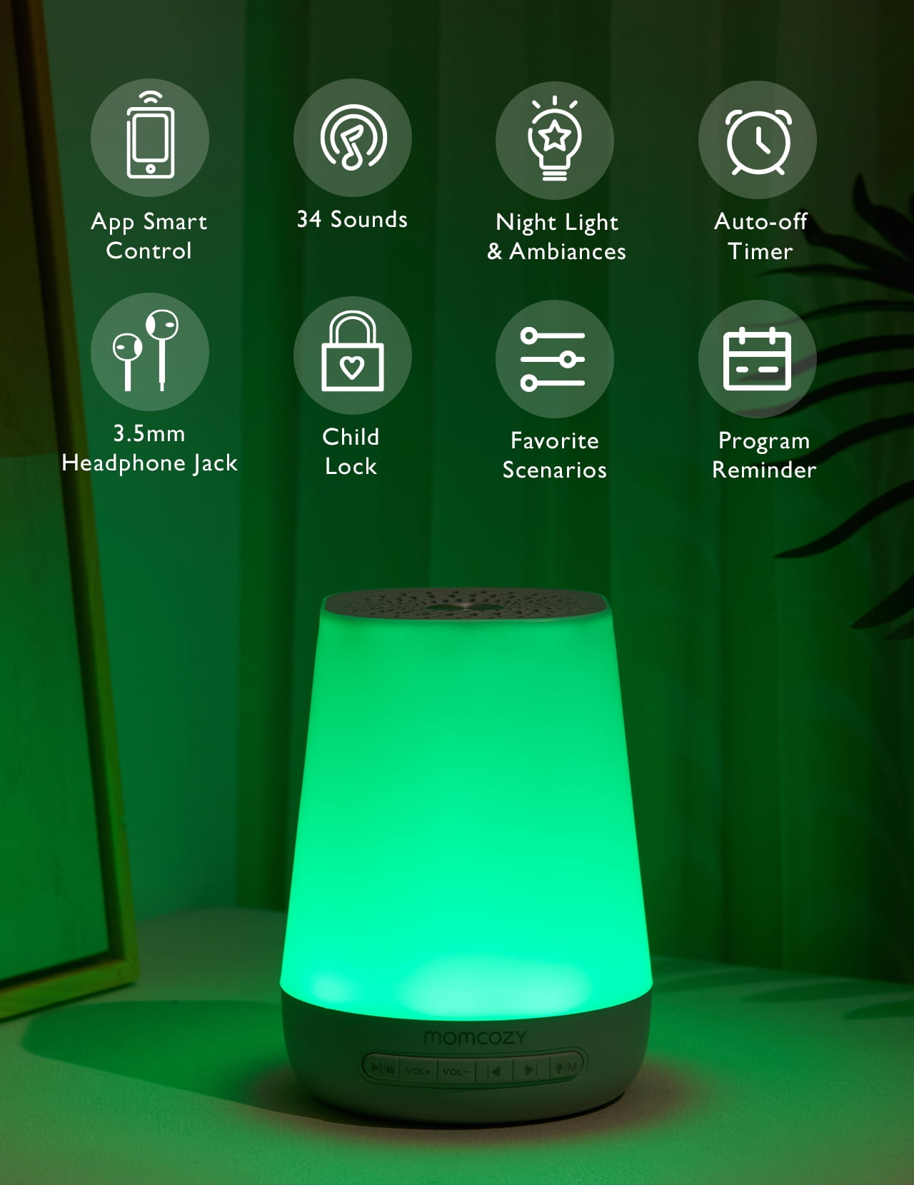 Momcozy White Noise Machine for Baby Sleeping with Night Light, Toddler Sleep Trainer with 34 Soothing Sounds, Timer, App Remote Control(Green)