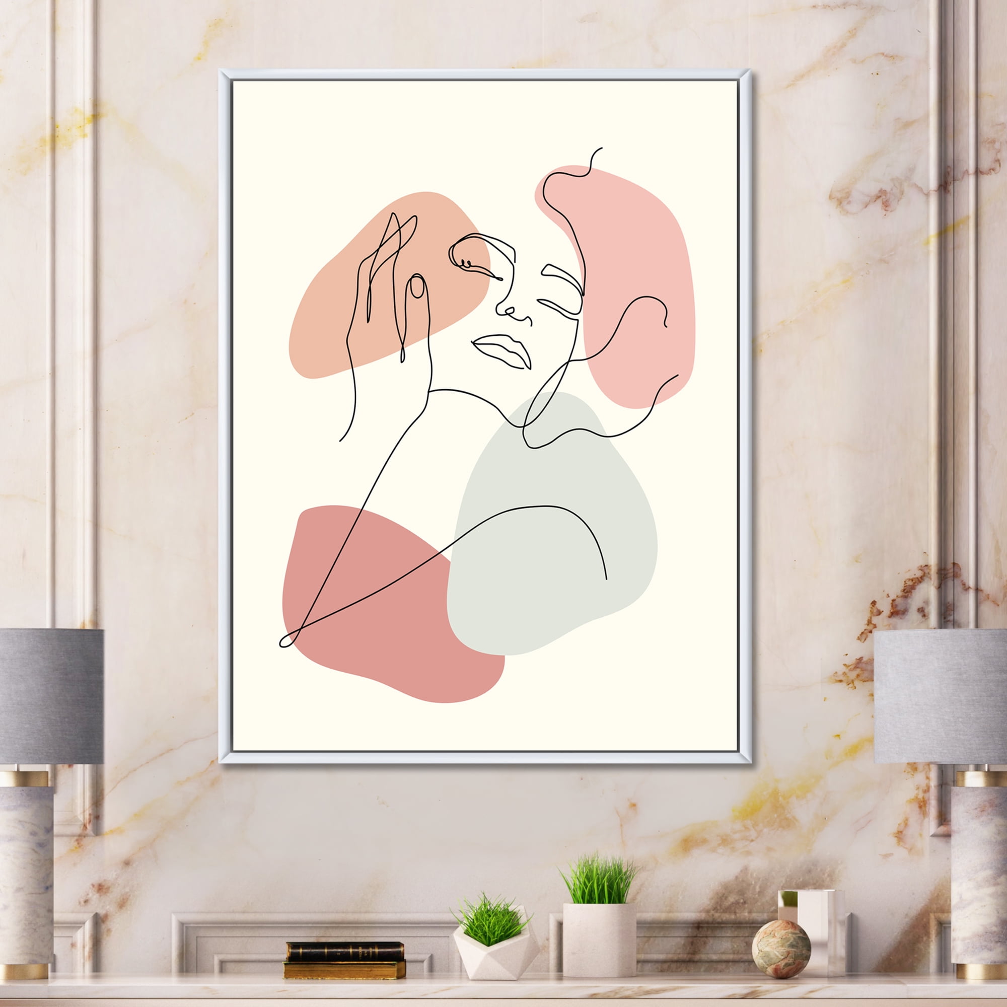 Designart 'Continuous One Line Portrait of Woman' Modern Framed Canvas Wall Art Print