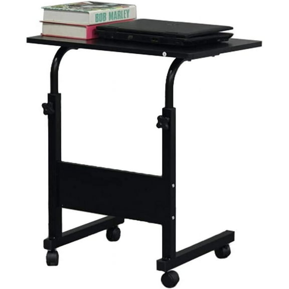 Karl home Small Side Mobile Table 23.6 inch Computer Desk with Wheels Height Adjustable Rolling Potable Laptop Cart, C-Shaped Bed Couch End Tables with Edge Stopper for Living Room Bedroom, Black