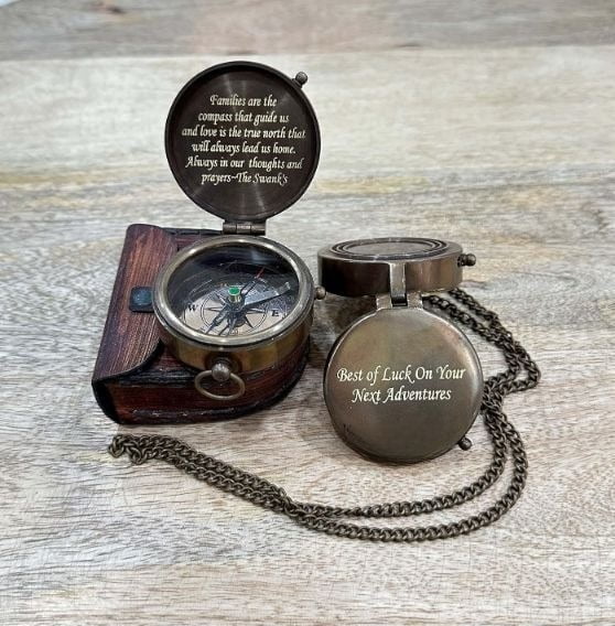 Antique Brass Pocket Compass with Leather Case Compass for Camping, Hiking Gift for Men, Him, Son | Engraved Compass