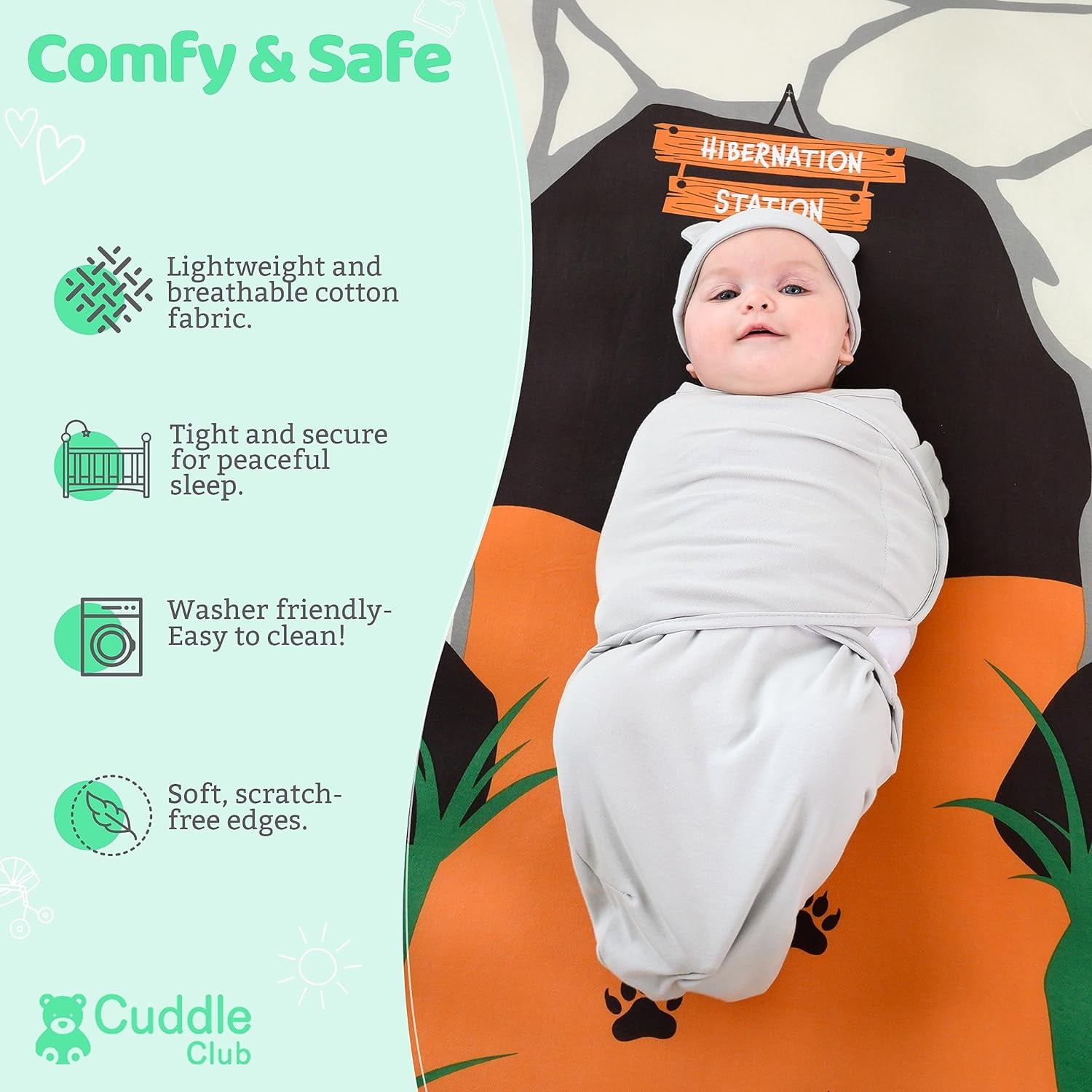 Cuddle Club Baby Wrap Swaddle Blanket Sleep Sack Bundle with Novelty Beanie Hat, Bear Large