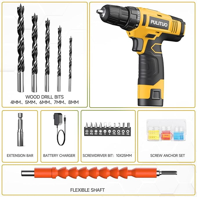 PULITUO 12V Cordless Power Drill Set with Battery and Charger, 3/8" Keyless Chuck, 21+1 Torque Settings, Built-in LED Light, Compact Electric Drill Kit for Home Improvement and DIY Projects(yellow)