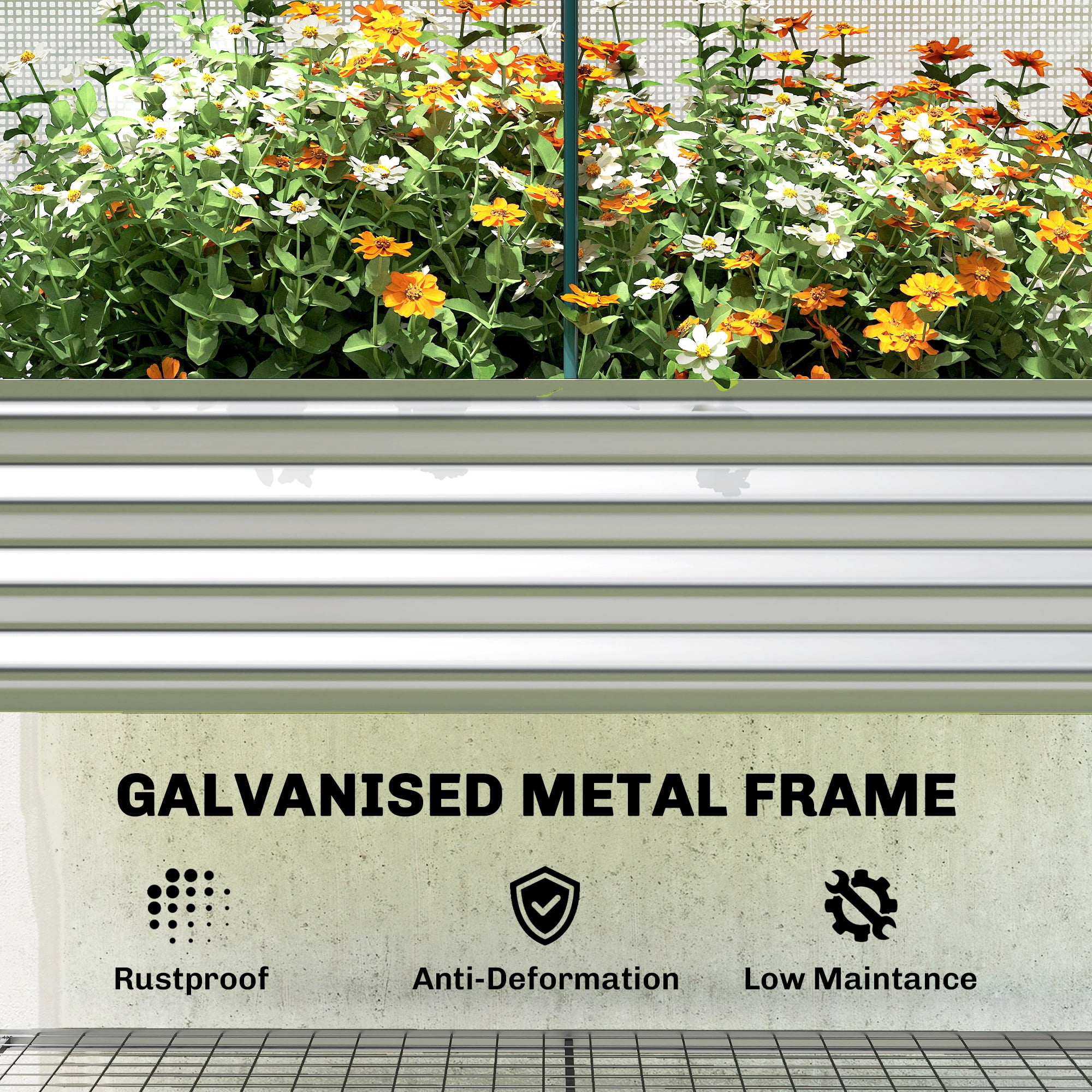 Outsunny Galvanised Raised Garden Bed with Greenhouse Cover, Metal Elevated Garden Bed with Bed Liner and Bottom Shelf, Silver