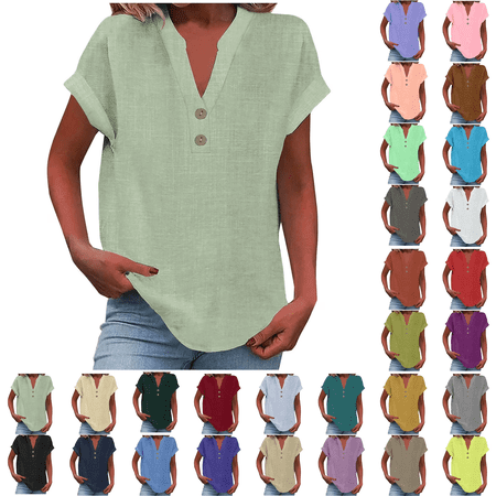 Cotton Linen Shirts for women Summer Tops Short Sleeve Button Lapel V Neck T-Shirts Casual Tunic Top Loose Comfy Loose Solid Work Plain Blouse Tees