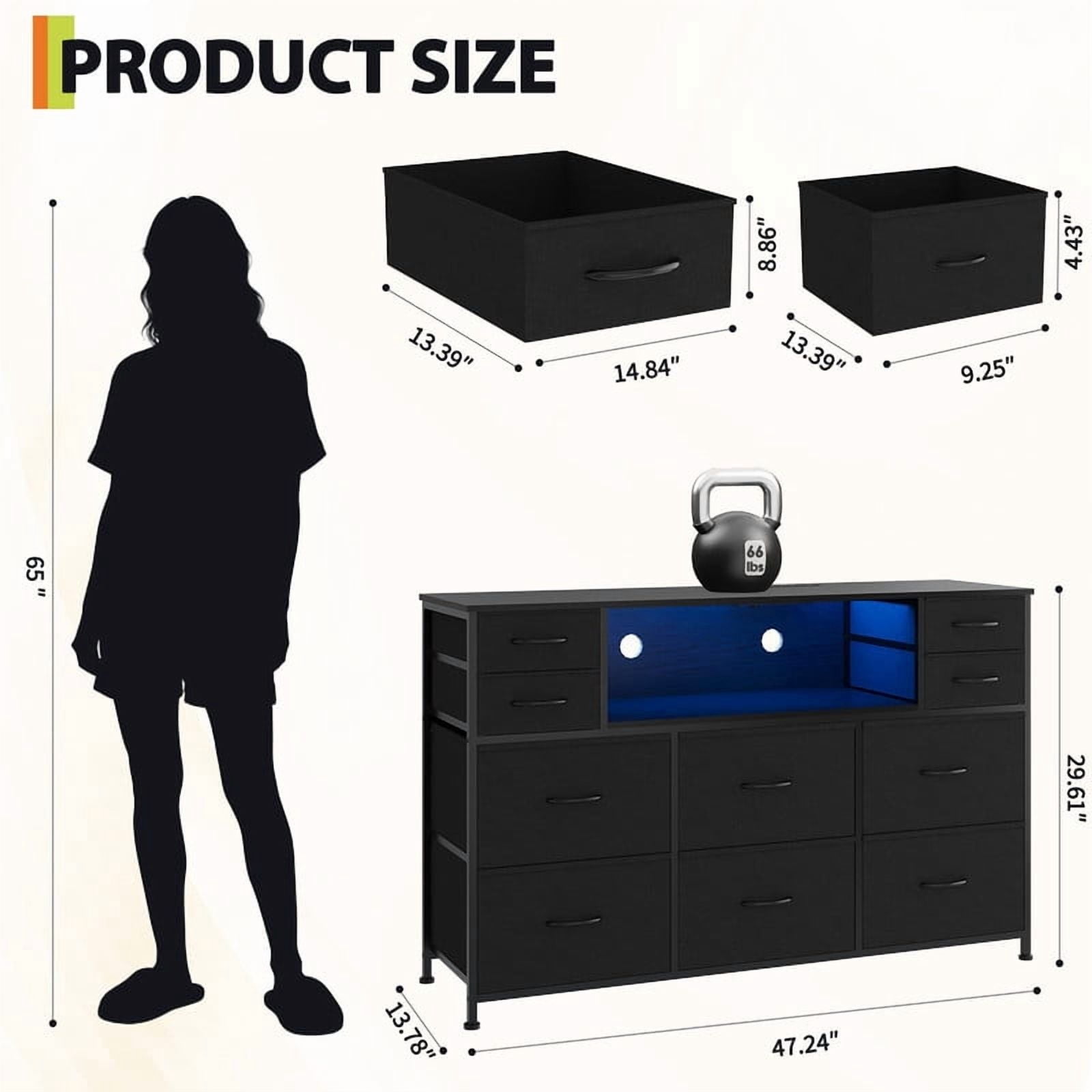 TROPOW 10 Fabric Drawers Dresser with LED Lights, Entertainment Center with Charging Station, Wood Top, Open Shelves, TV Stand for 40"-55" TV, Chest of Drawers for Bedroom Living Room Hallway