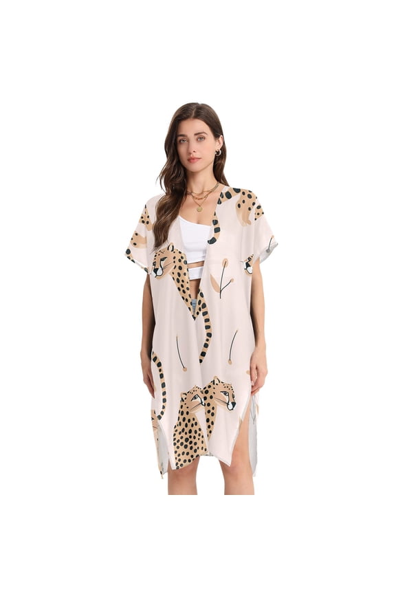 Cheetahes Leopard Women Swimsuit Cover up V Neck Beach Dress Short Sleeve Vacation Outfits Swimwear