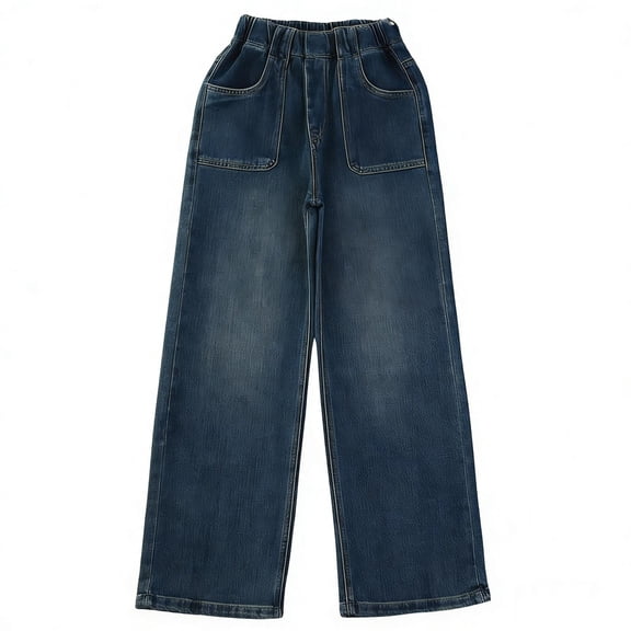 CYRBOKO Girls Denim Pants, Loose Fit Wide-leg Printed Casual Straight Leg Jeans Blue Size 6-7 T