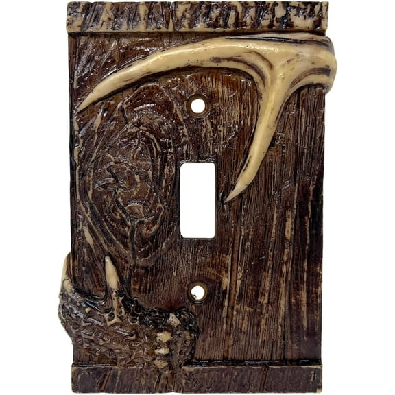 Single Toggle Decorative Light Switch Cover Plate with Faux Wood and Antler Accents - Rustic Electrical Switch Plate for Lodge Cabin - Ideal for Outdoor Nature-Theme Lovers