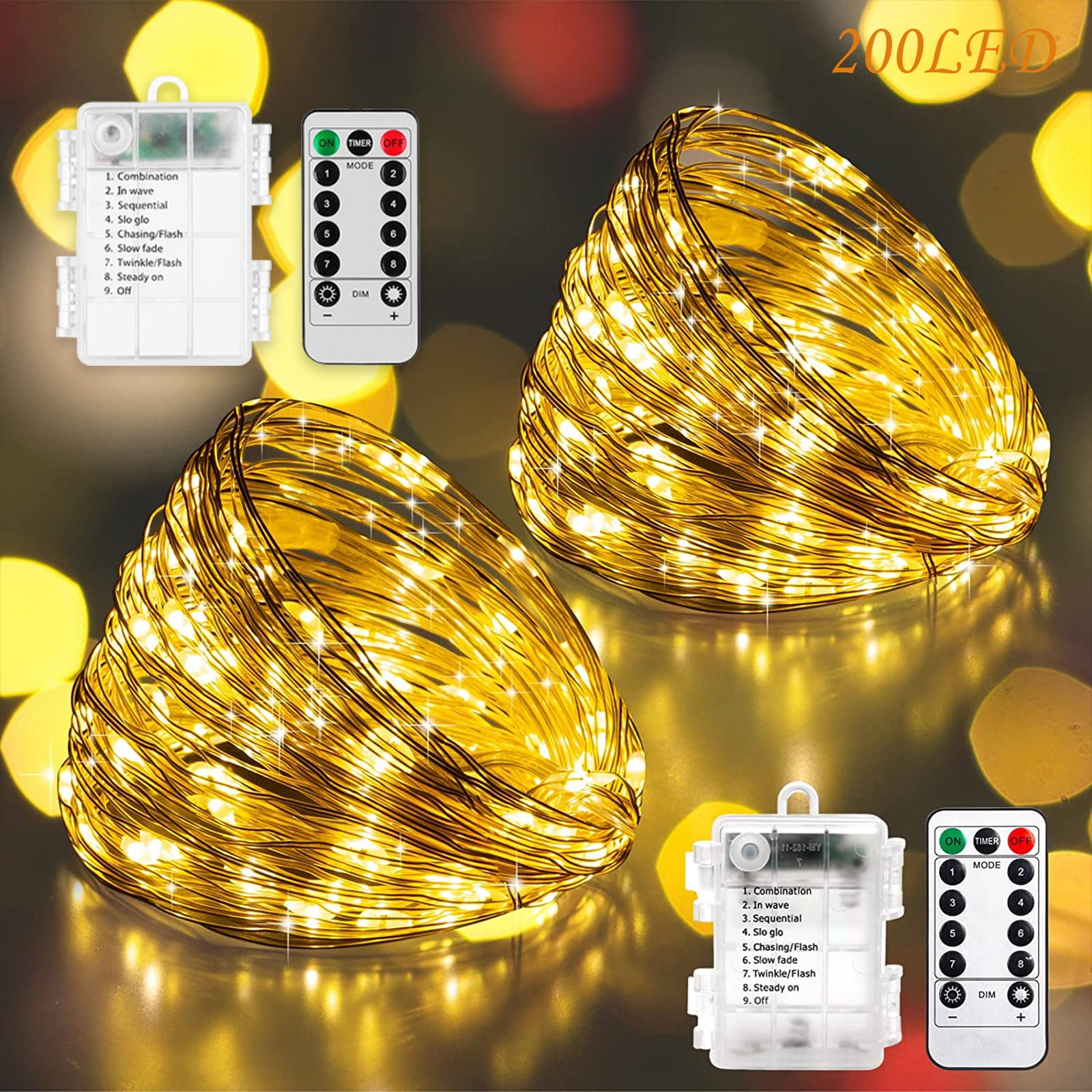 2 Pack Fairy Lights with Remote Control Timer, 66FT 200 LED Battery