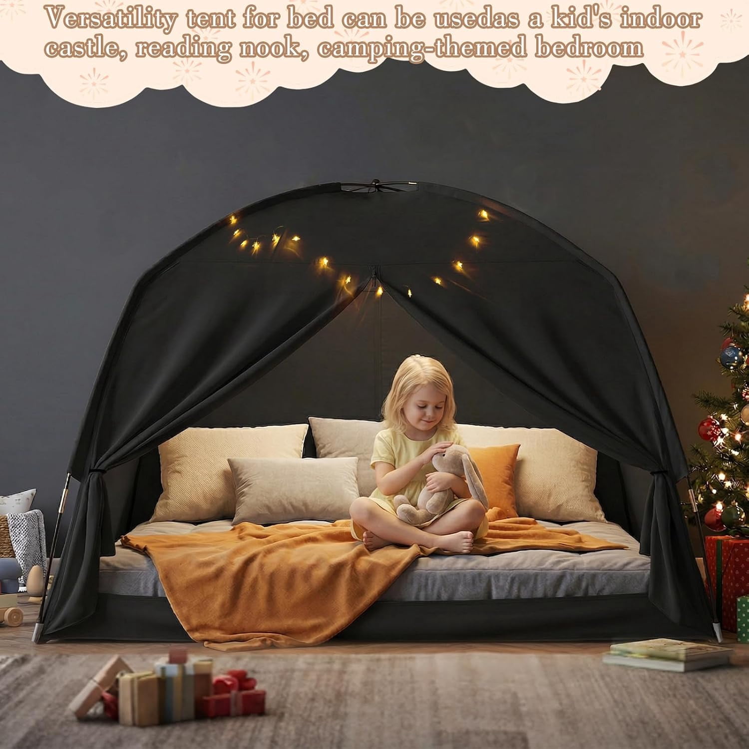 Bed Tents for Kids and Adult, Portable 100% Breathable and 93% Blackout Toddler Dream Play Tent, 3 Doors Big Privacy Space Sleeping Canopy for Floor or Twin Full Queen Sizes Bed
