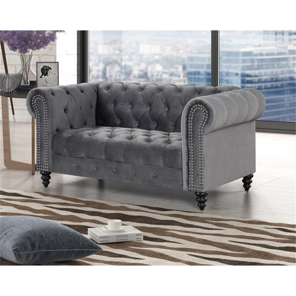 RN Furnishings Chesterfield  68" Button Tufted Velvet Fabric Loveseat-Gray