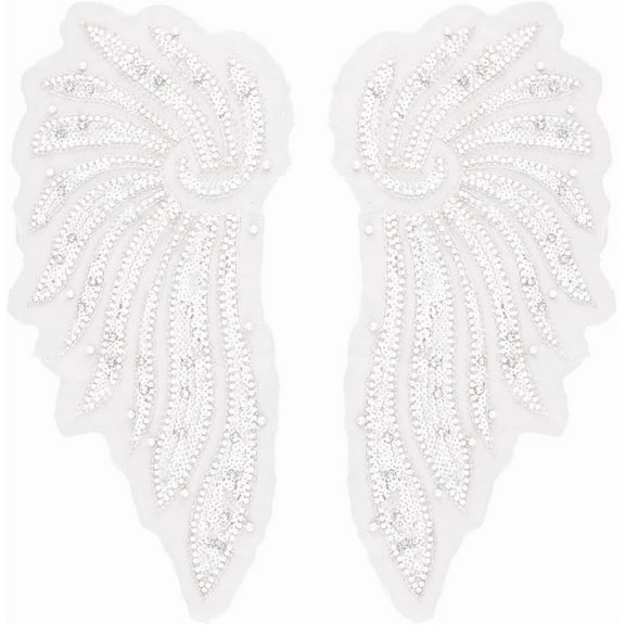 2Pcs 2 Styles Angel Wings Applique 3D Large Pearl Beaded Sequin Lace Appliques Rhinestone White Embroidered Sew on Tulle Patches for Sewing Making Crafts Gowns Dress Clothes Wedding Supply 1set