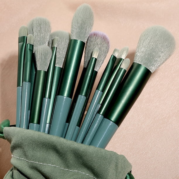 Xiao Hua Juego de 13 brochas de maquillaje para viaje, brochas cosméticas para rostro, base, rubor, sombra de ojos, con bolsa de almacenamiento (verde)