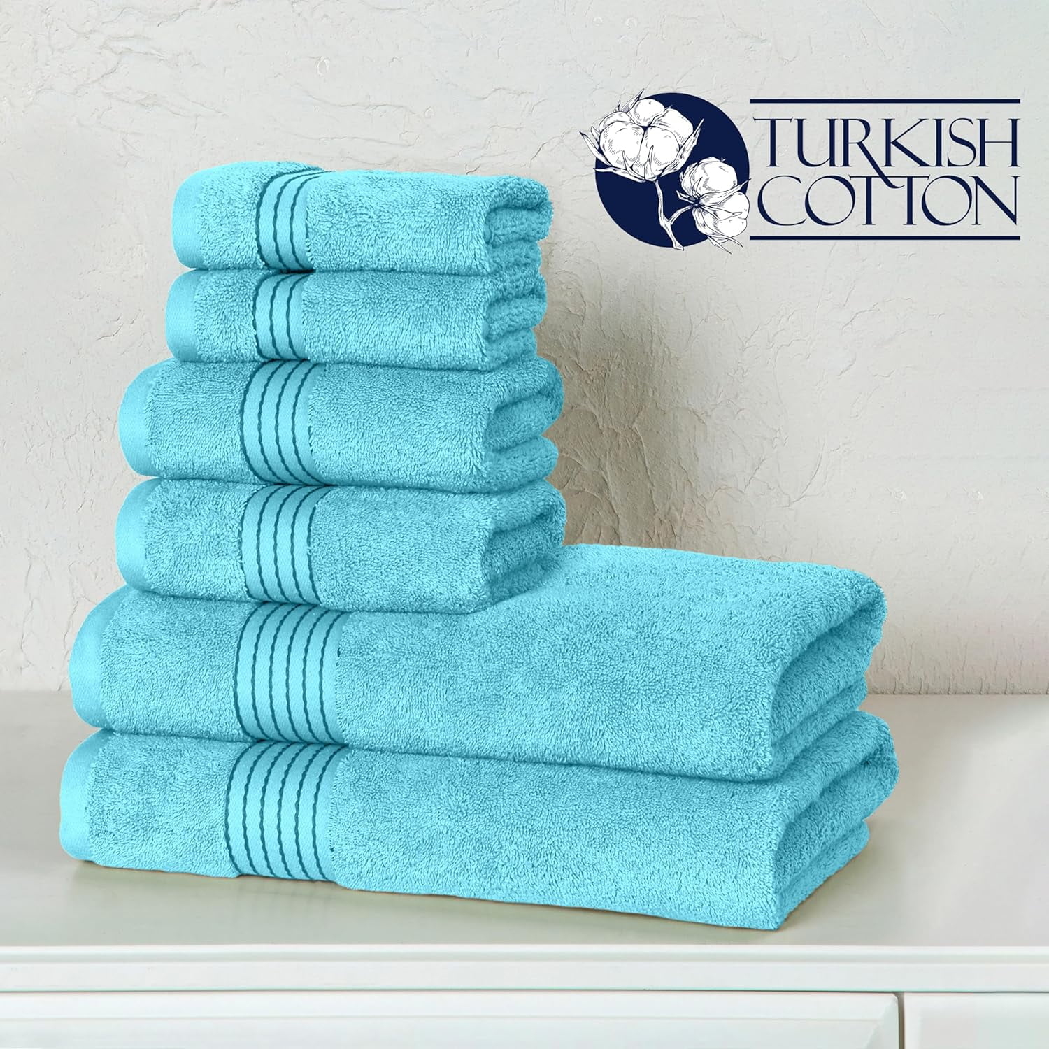 Elegant Comfort Cotton 6-Piece Towel Set, Includes 2 Washcloths, 2 Hand Towels and 2 Bath Towels, 100% Turkish Cotton - Highly Absorbent and Super Soft Towels for Bathroom, Aqua