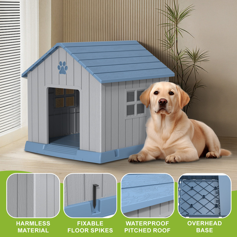 ENNSOO 31-Inch Plastic Outdoor Indoor Dog House with Waterproof, Elevated Floor & Air Vents, Blue