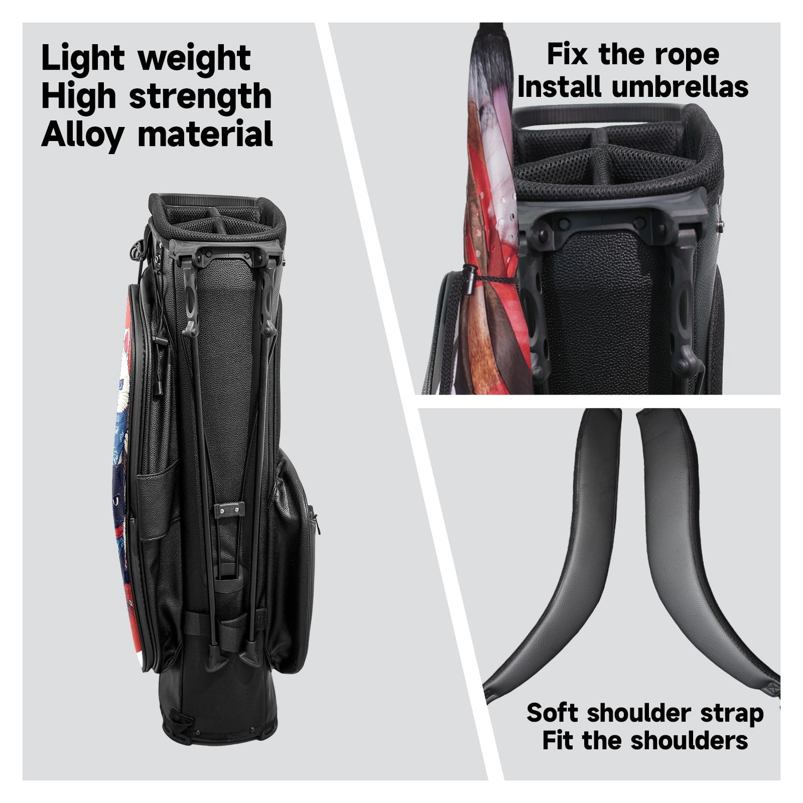Black 5 Ways Divider Golf Bag Waterproof Leather Golf Stand Bag Large Capacity & Versatile Personalized Customized Printing Golf Club Bag for Men Women Jongolfball
