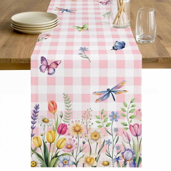 Wildflowers Table Runner 48 Inches Long Farmhouse Dress Scarves, Spring Watercolor Tulip Floral Leaf Pink Plaid Dining Tablerunner for Coffee Table/Kitchen Island/Party Décor, 13" x 48"