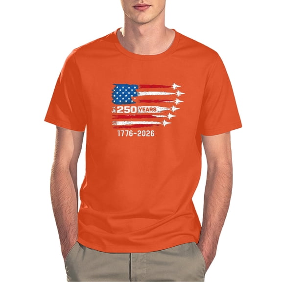 WEIWEN Mens 4th of July Tshirts Big and Tall American Flag Patriotic T Shirts for Man 250 Anniversary USA Shirt Air Force 250 Years 1776-2026 Oversized Tops Men's T-Shirts Orange, XL