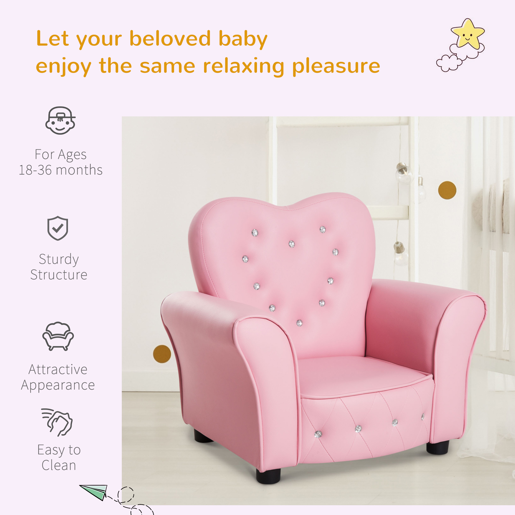 Qaba Kids Sofa Toddler Tufted Upholstered Sofa Chair Princess Couch Furniture with Diamond Decoration for Preschool Child, Pink - image 7 of 9