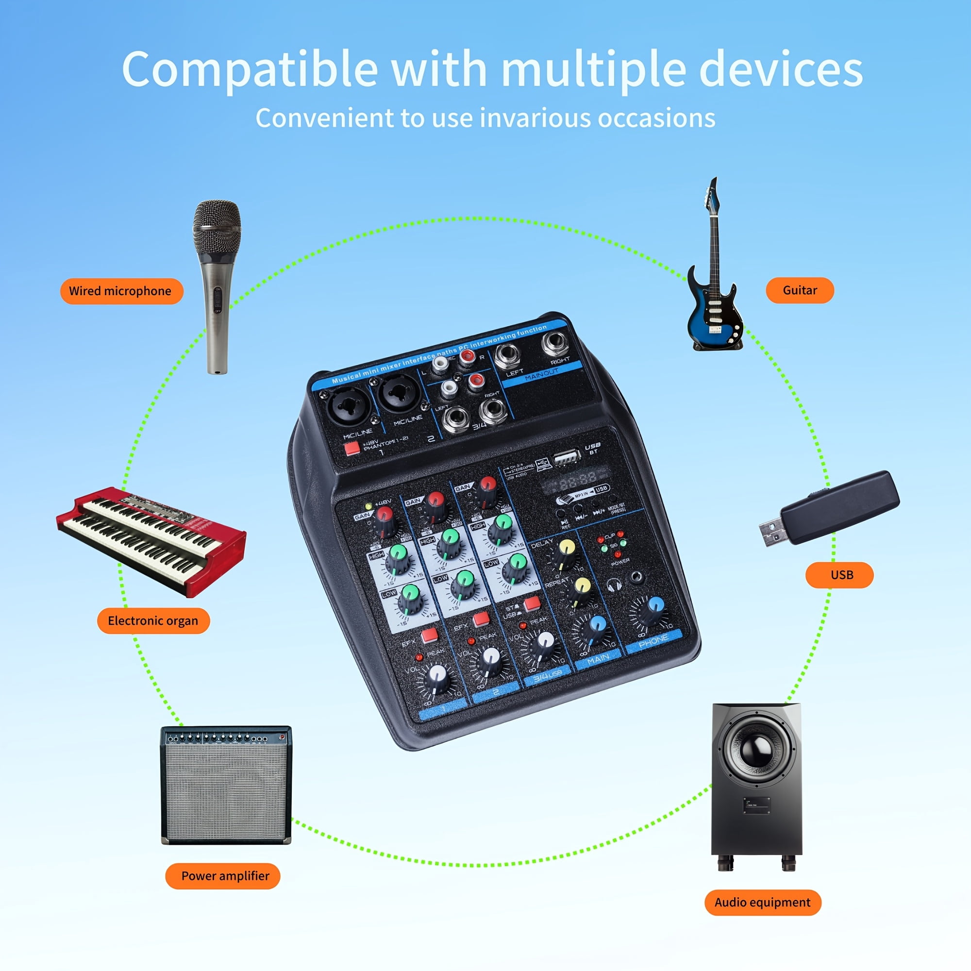 Professional 4 Channel Mini DJ Audio Mixer, Portable Channel Mixer with Multiple Interfaces, Compatible with Pcs, Suitable for Recording, Live Streaming, Easter Parties